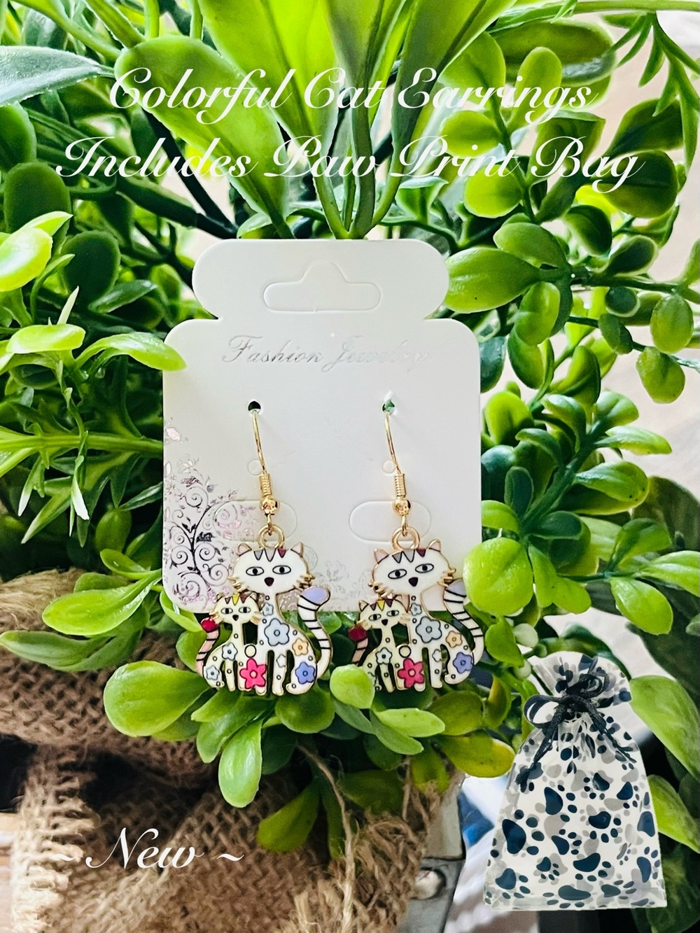 Cat Earrings w/Colorful Accents & Paw Print Bag 🐾🆕🐾